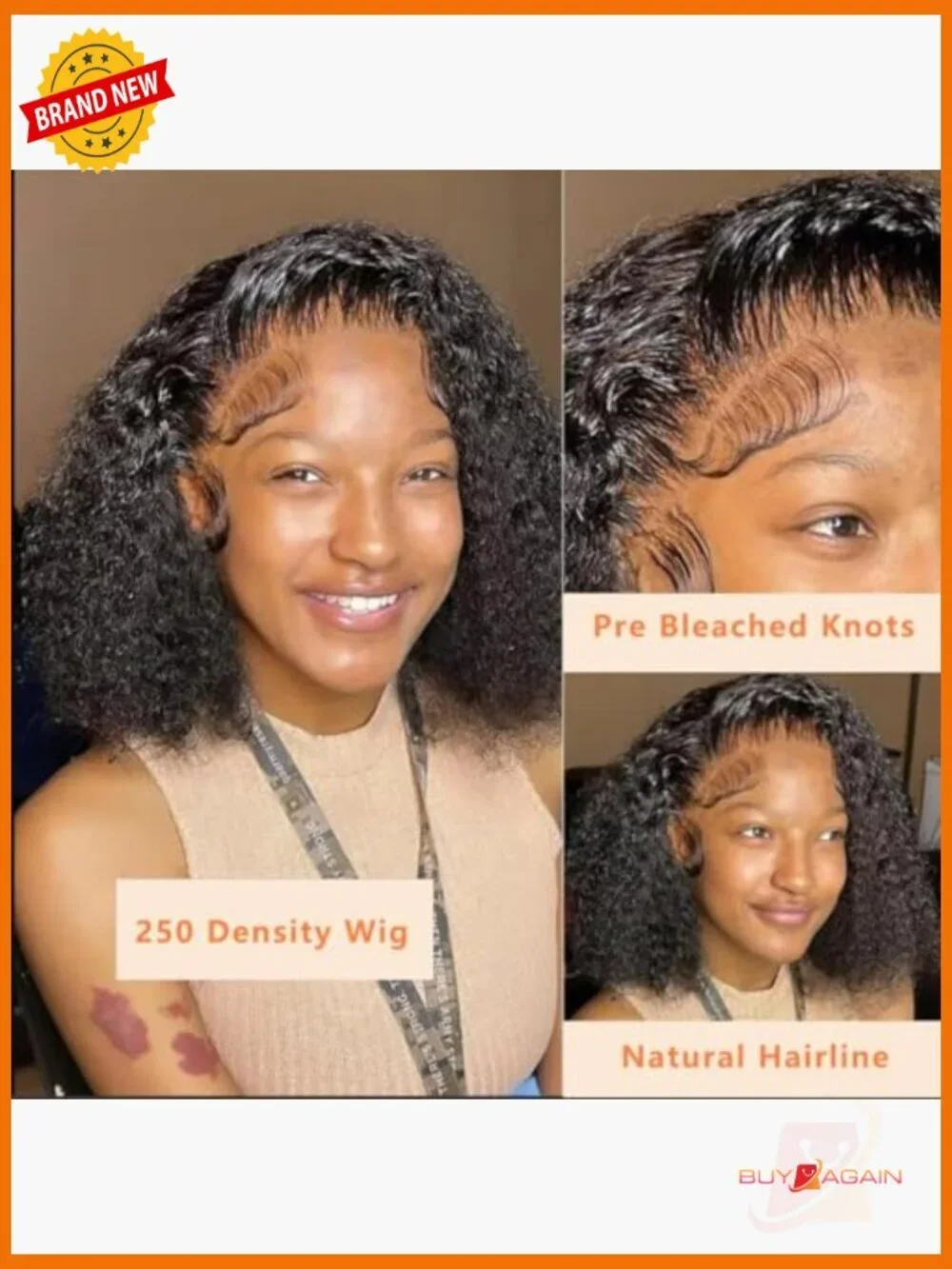 250% Density Kinky Curly Human Hair Lace Front Wig 13x6